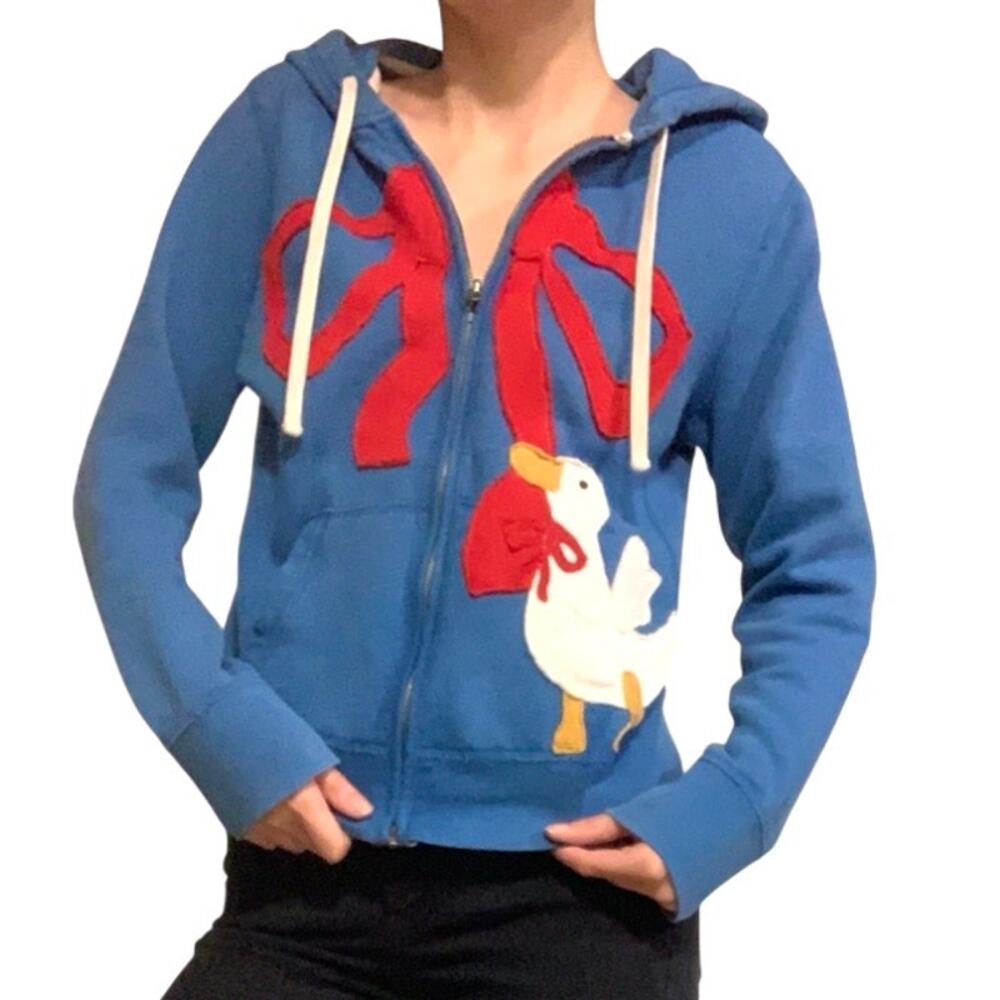 Custom Upcycled Silly Goose Duck Patchwork Blue Zip Hoodie – Large
